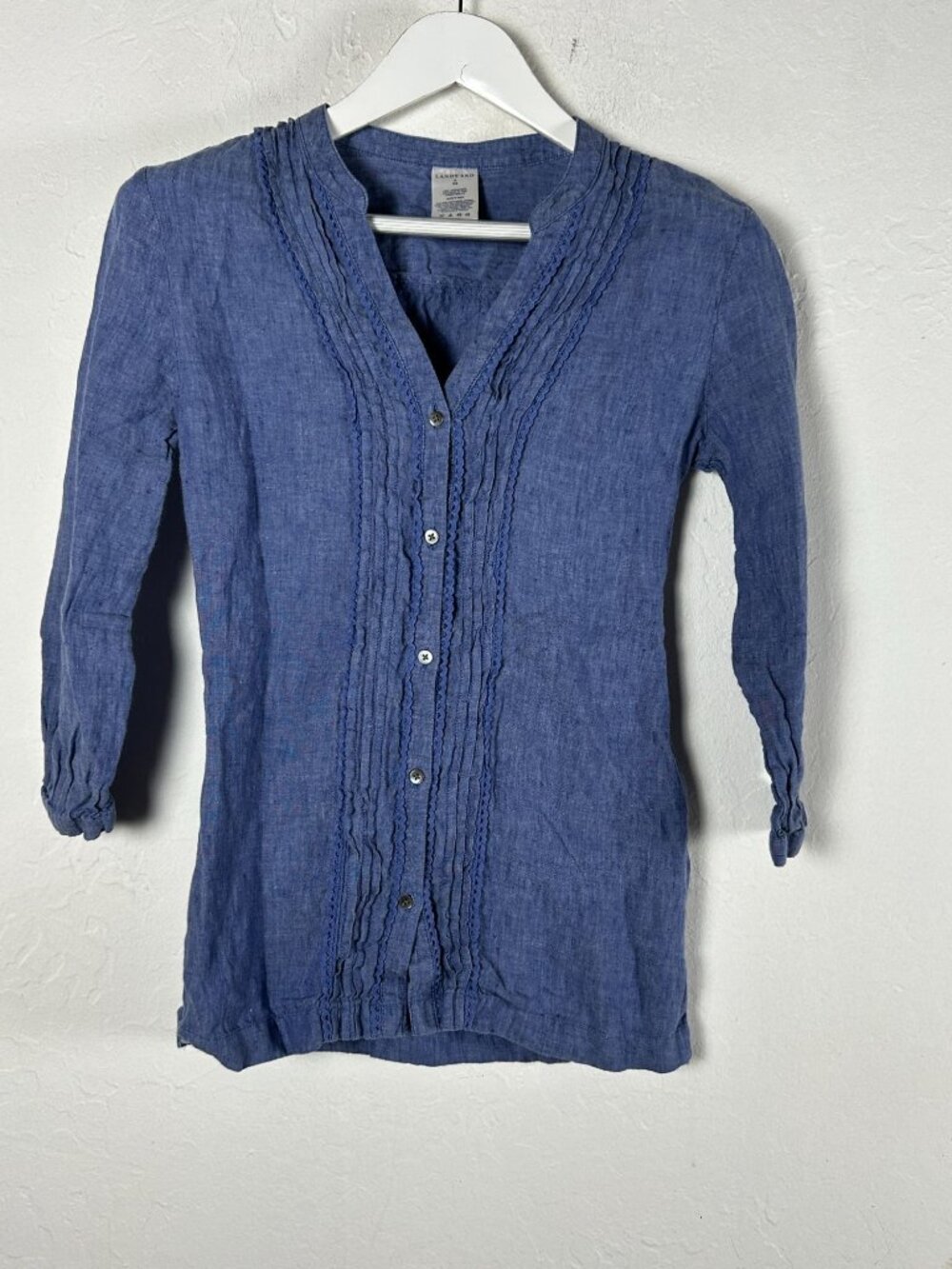 Lands' End Womens Linen Blouse Top Purple Pintuck Lace Trim Button Small 6-8